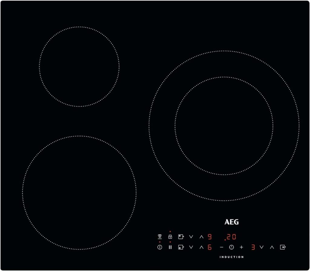 AEG IKB63301CB Placa Inducción, Biselada, 3 Zonas, Serie 3000, Controles Táctiles Independientes, Calentamiento Rápido, Función Pausa, Hob2Hood, 60 cm