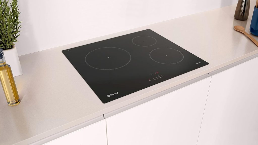 Balay 3EB864EN Placa de inducción de 60cm sin marco, 3 zonas de inducción, Zona 24 cm I Sin bisel I Año 2022, táctil con 9 posiciones, Negro terminación cristal