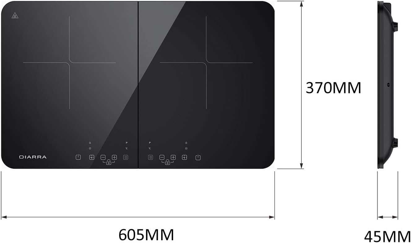 CIARRA ASTIH2 Placa de inducción portátil cocina de inducción de 2 fuegos control independiente 10 niveles de temperatura Pantalla Control Táctil Función de Seguridad