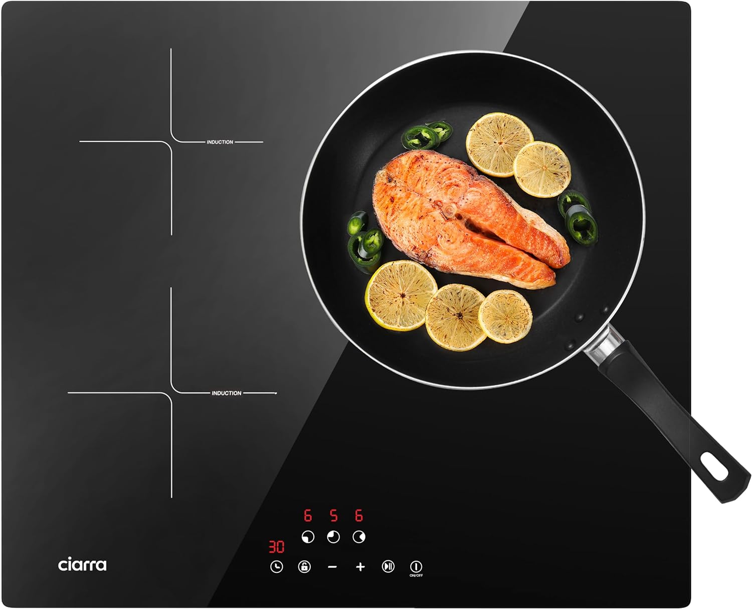 CIARRA CBBIH3 Placa Inducción 3 Fuegos 6100W Cocina Integrada Encimera Inducción Vitrocerámica de Control Táctil con 9 Niveles de Potencia Fuciones de Seguridad Función Stop y Go Negro