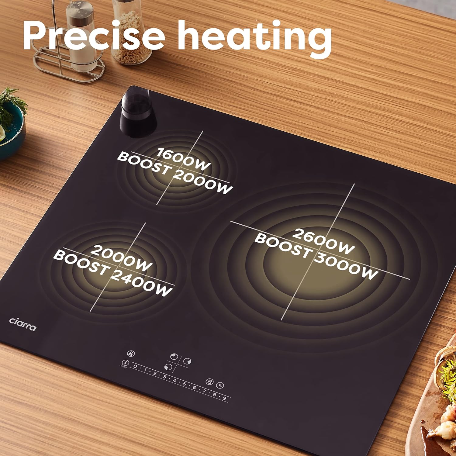 CIARRA CBBIH3B Placa de Inducción 3 Zonas Boost Extraplana Integrada 6200W de Control Táctil Inducción Vitrocerámica 9 Niveles de Potencia Funciones de Seguridad Negro