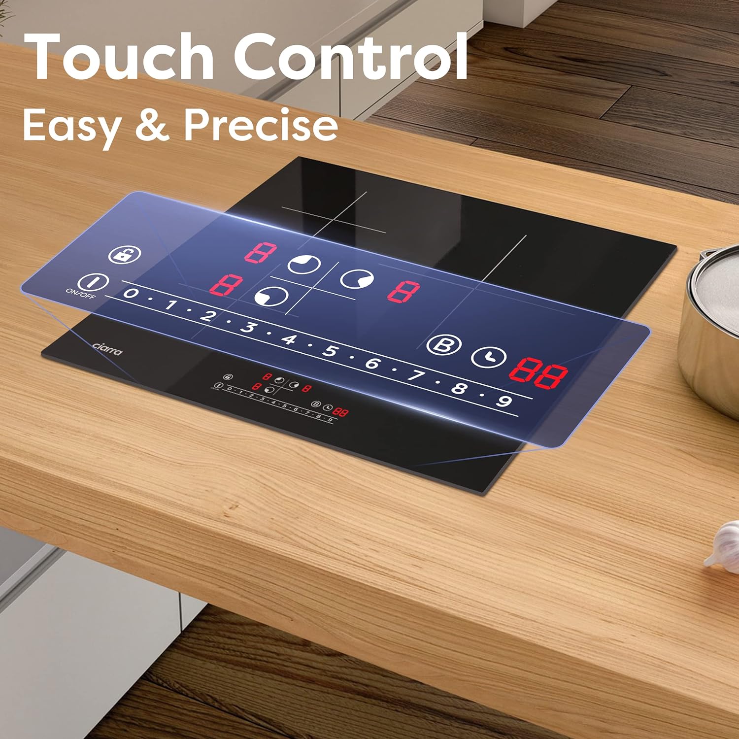 CIARRA CBBIH3B Placa de Inducción 3 Zonas Boost Extraplana Integrada 6200W de Control Táctil Inducción Vitrocerámica 9 Niveles de Potencia Funciones de Seguridad Negro