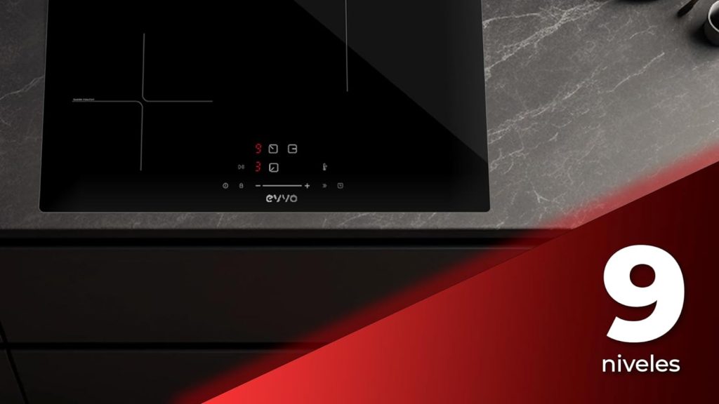 EVVO Placa Inducción 3 Fuegos de cocinado, Potencia máxima 7.200W, Bloqueo Infantil, 9 Niveles de Potencia, Máx Diámetro 30 cm, Control Táctil, Apagado Automático, Indicador de Calor (Modelo: V61)