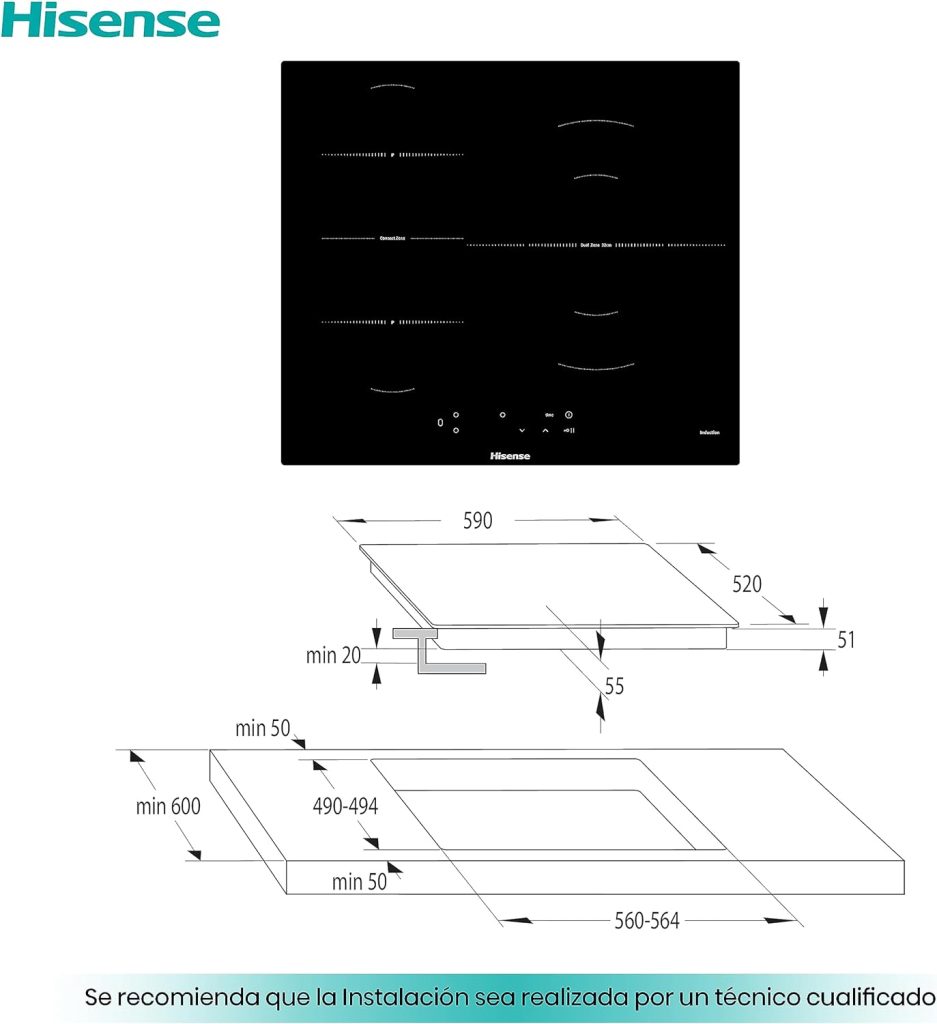 Hisense I6337C - Placa Inducción 3 zonas, 1 con foco gigante 32 cm, 2 conectadas entre si área Bridge, encimera de 60 cm, bloqueo infantil y terminación biselada