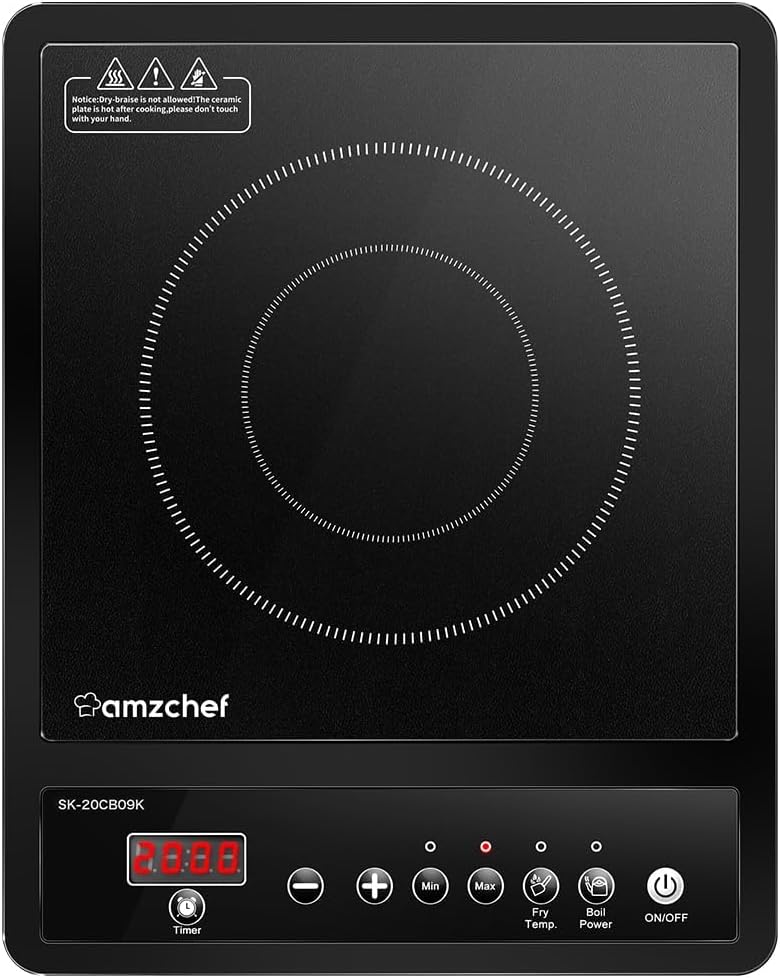 Placa de inducción, placa de inducción simple AMZCHEF, 2000 W máx. Con 10 niveles de temperatura y potencia, portátil con temporizador, ajuste máximo y mínimo, control de botón simple