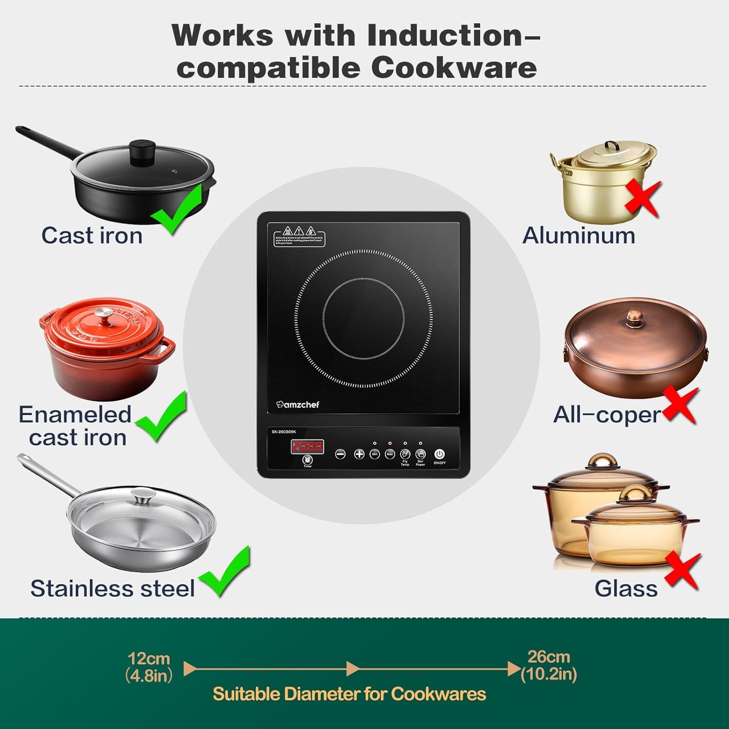 Placa de inducción, placa de inducción simple AMZCHEF, 2000 W máx. Con 10 niveles de temperatura y potencia, portátil con temporizador, ajuste máximo y mínimo, control de botón simple