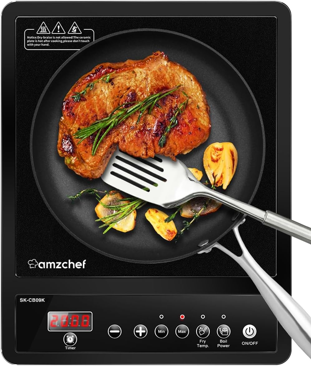 Placa de inducción, placa de inducción simple AMZCHEF, 2000 W máx. Con 10 niveles de temperatura y potencia, portátil con temporizador, ajuste máximo y mínimo, control de botón simple