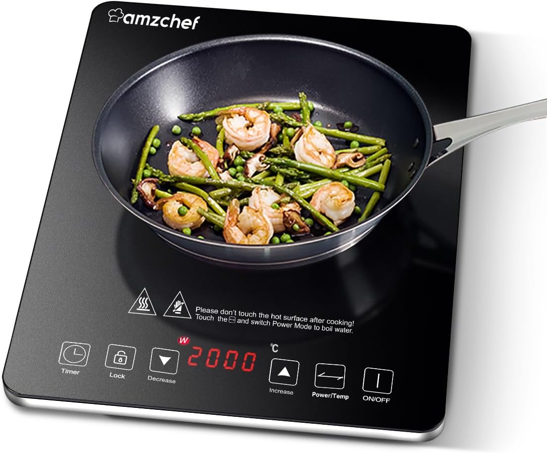 Placa Induccion 2 Fuegos, AMZCHEF doble placa de inducción domino con 9 niveles de potencia y función de sobrealimentación, cerradura de Seguridad y cronómetro de 1-99 minutos, 3300w
